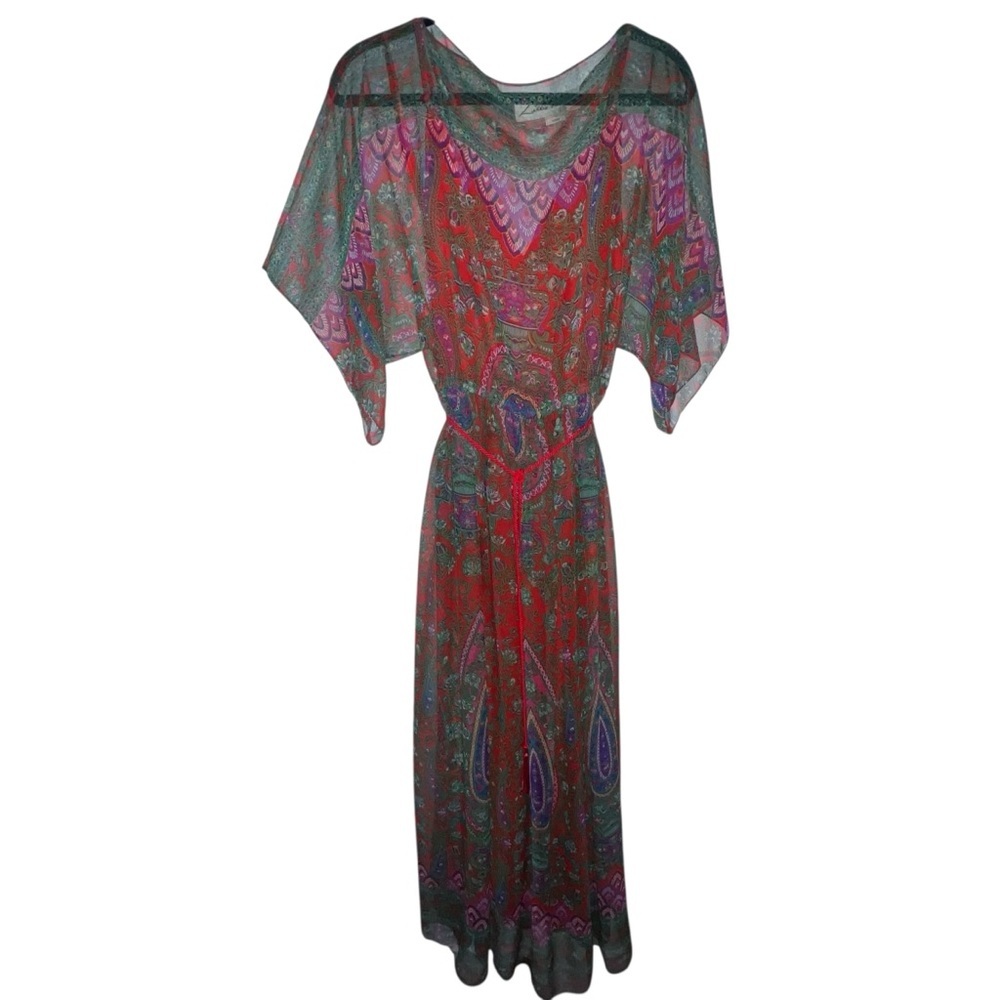 Lillie Rubin Chiffon Overlay Maxi Dress Short Sleeve Rope Red Green Large